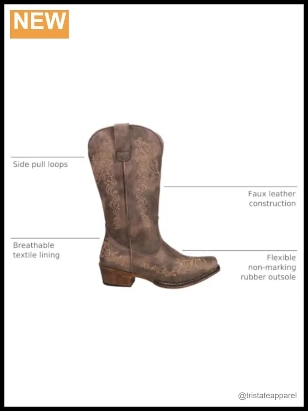 Riley Scroll Embroidered Snip Toe Mid Calf Boots, Faux Leather, Low Heel